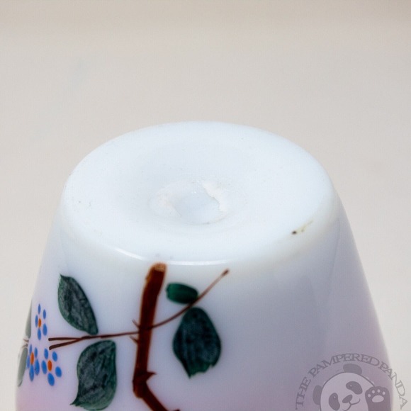 Bohemian Harrach Hand Enameled Bird & Flowers White Cased Pink Ruffled Vase - Picture 4 of 4